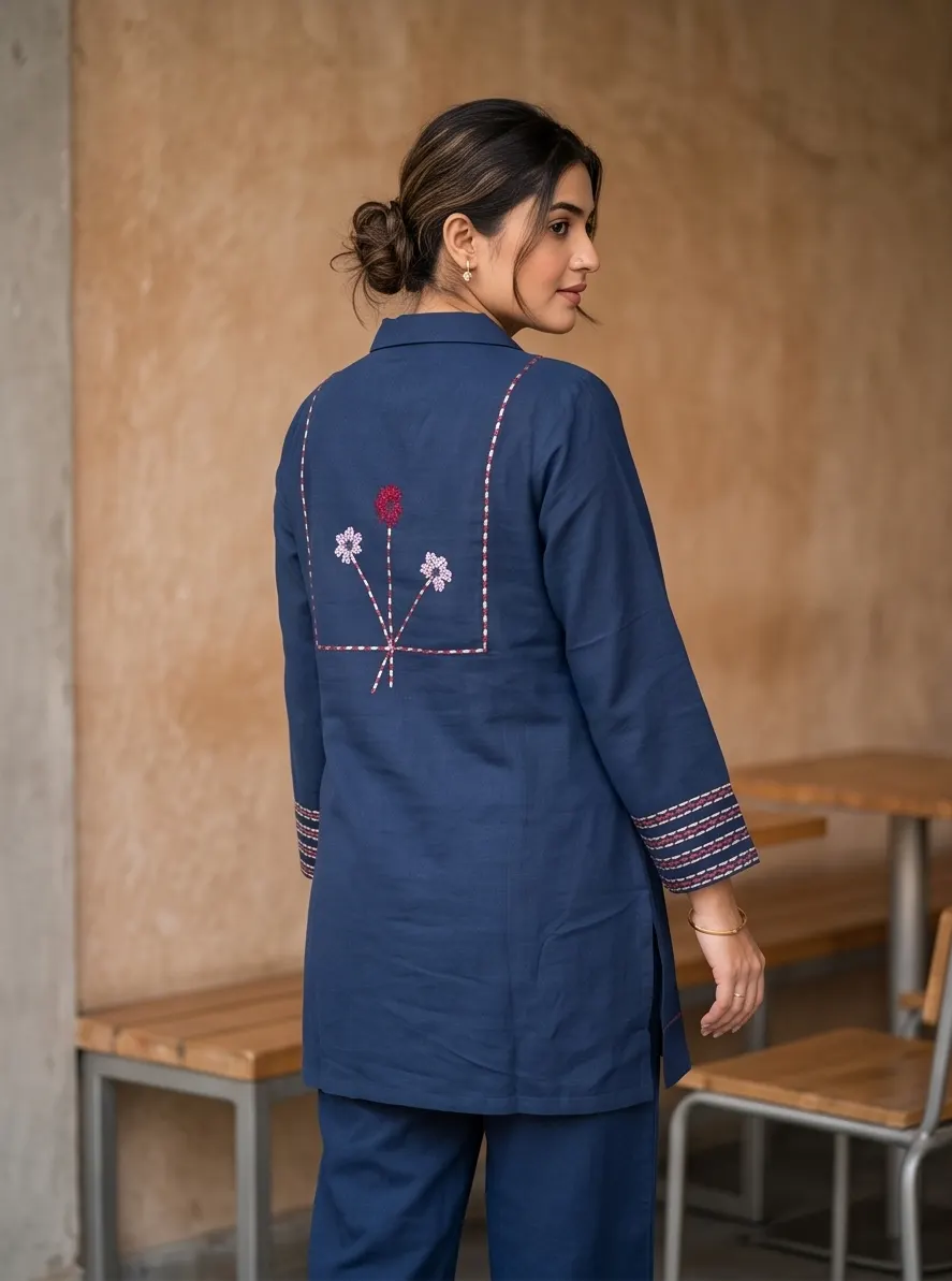 Navy Blue Floral Back Embroidered Cotton Notch Collar Tunic and Pant Co-ord Set