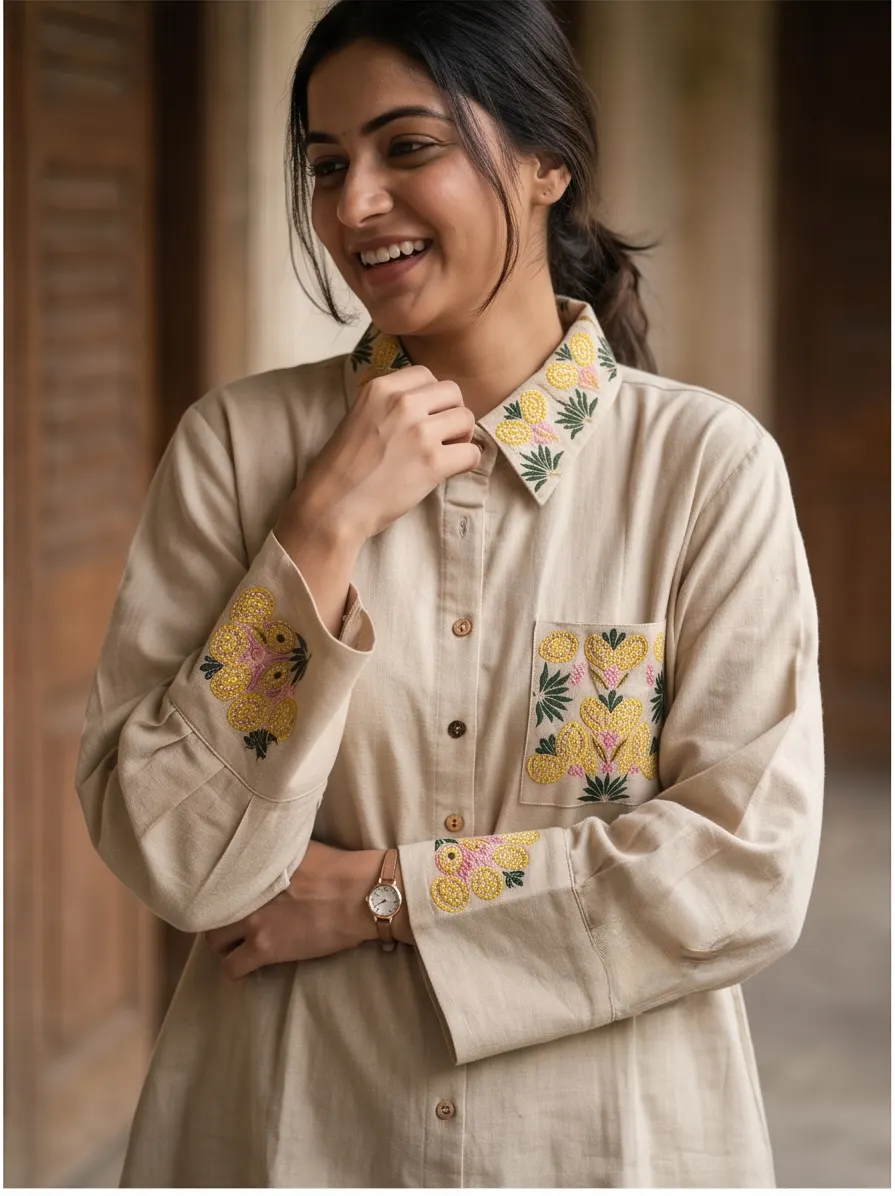 Beige Floral Thread Embroidered Cotton Shirt Collar Tunic and Pant Co-ord Set