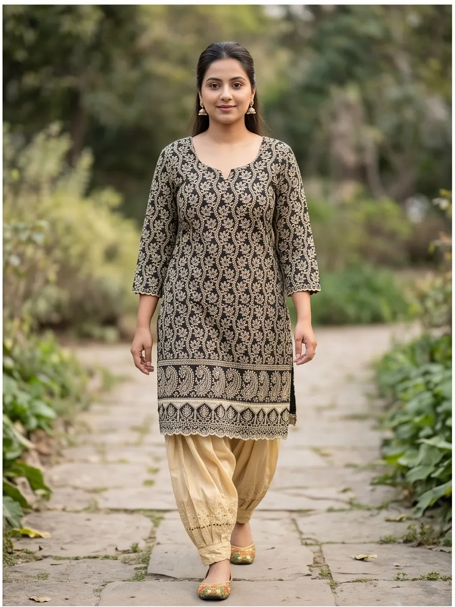 Black and Beige Floral Print Cotton Short Kurta and Pleated Dhoti Pant Set with Cutwork Hem