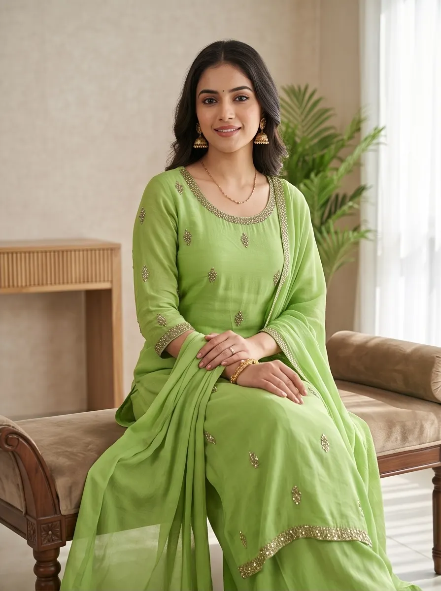 Light Green Muted Zari Embroidered Silk Straight Kurta Palazzo Set with Dupatta