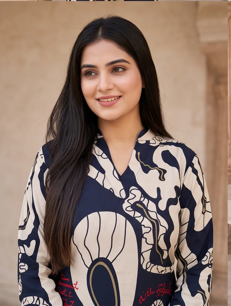 Navy Blue Abstract Printed Silk Blend V-Neck Tunic and Pant Co-ord Set