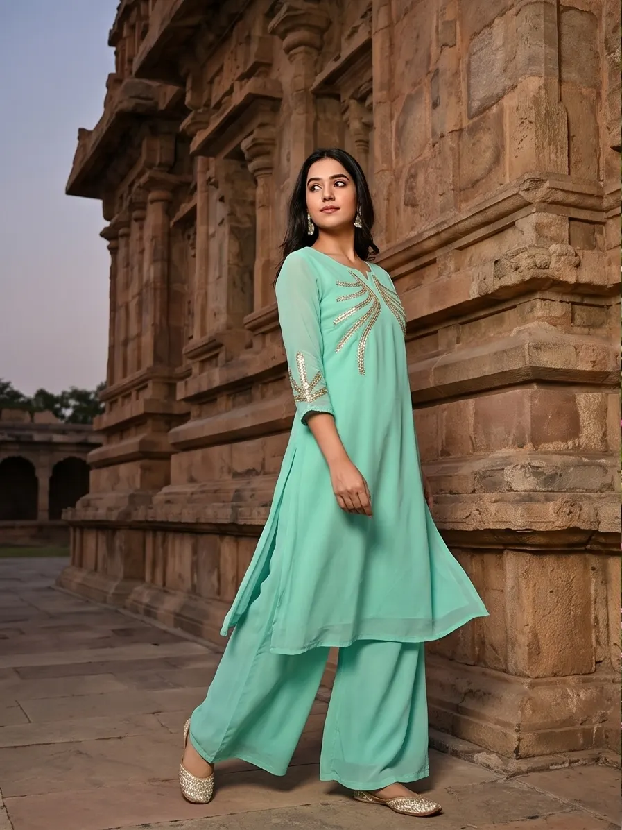 Sea Green Gota Patti Embroidered Straight Kurta and Flared Palazzo Set