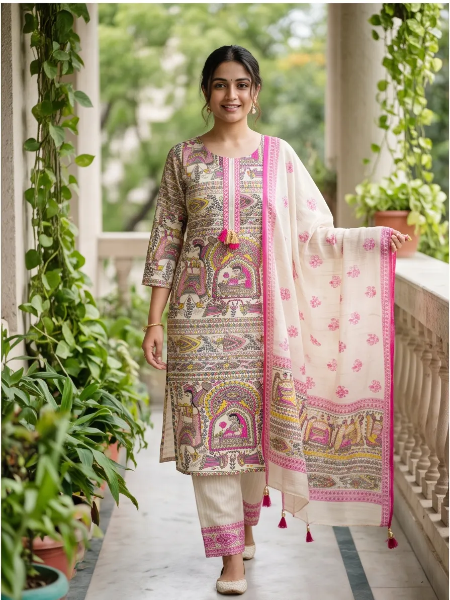 Beige and Pink Kalamkari Floral Print Chanderi Silk Straight Kurta Pant Set with Dupatta