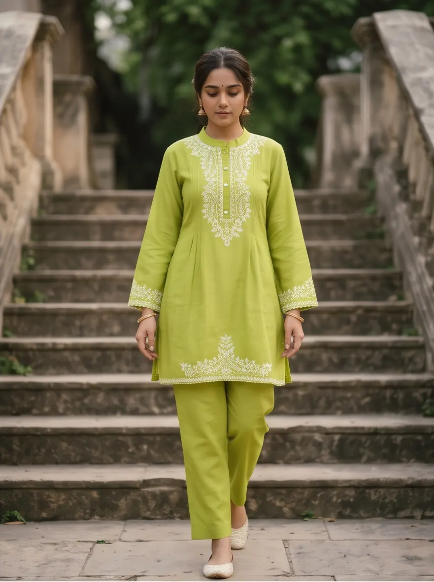 Lime Green Paisley Thread Embroidered Cotton Short Kurta and Pant Co-ord Set
