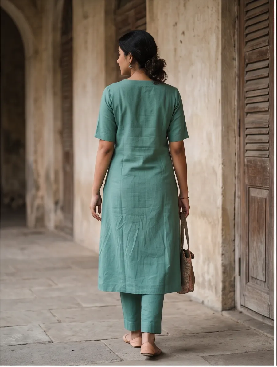 Sea Green Floral Leaf Appliqué Cotton V-Neck Straight Kurta and Pant Set