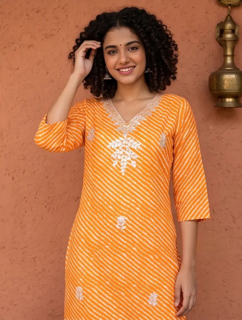 Orange Leheriya Print Embroidered V-Neck Straight Kurta and Churidar Set
