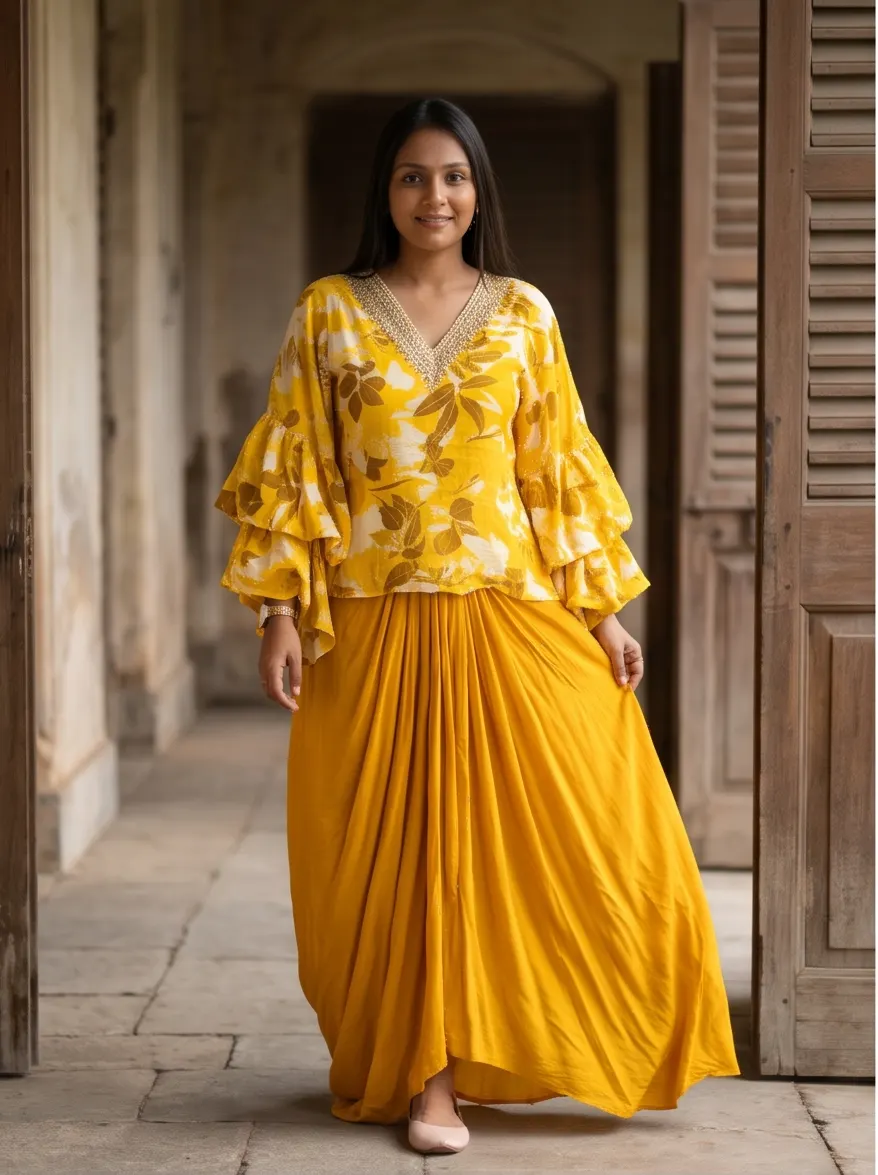 Mustard Yellow Floral Print Zari Embroidered Tiered Sleeve Top and Draped Dhoti Skirt Co-ord Set