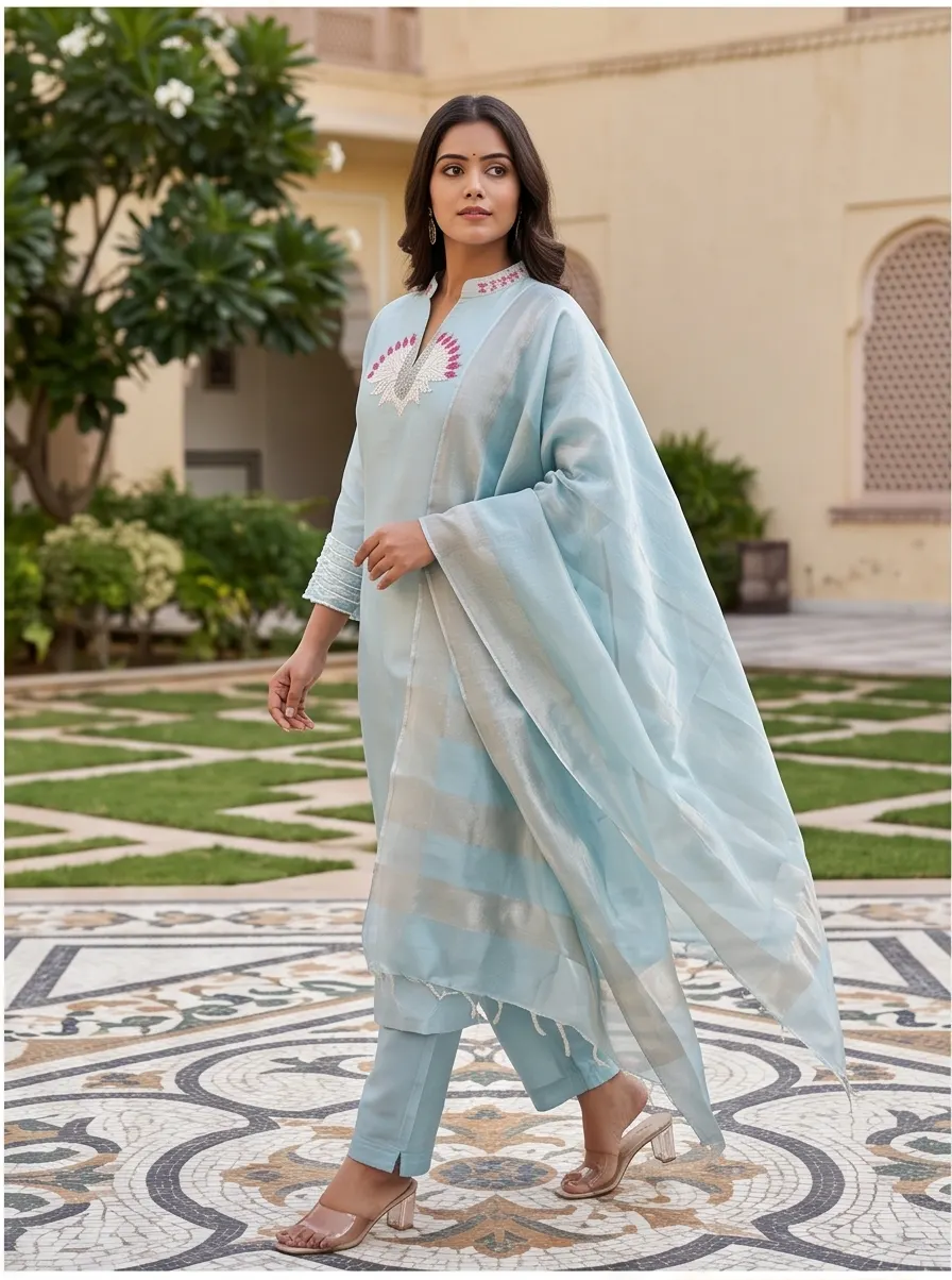 Ice Blue Embroidered Silk Straight Kurta and Pant Set
