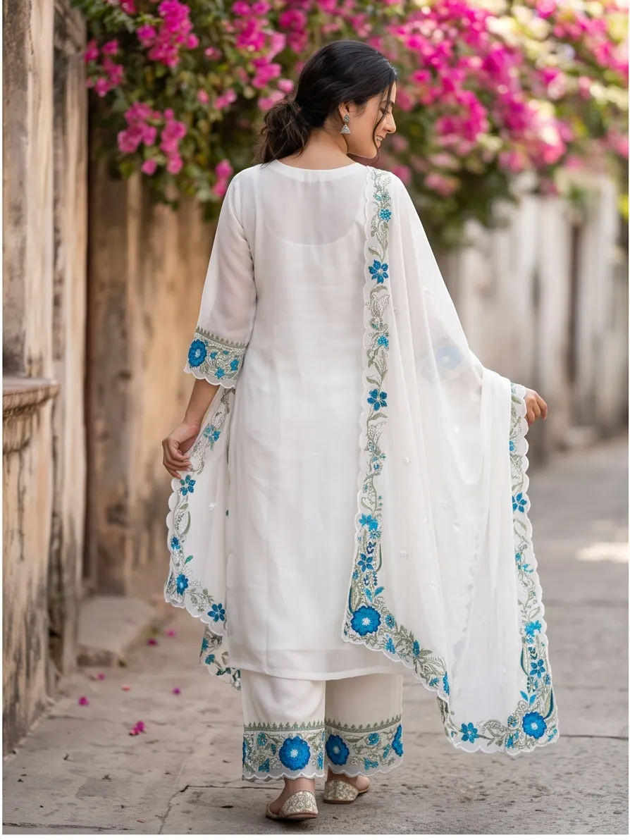 White and Teal Blue Floral Embroidered Cotton Straight Kurta Pant Set with Scalloped Dupatta