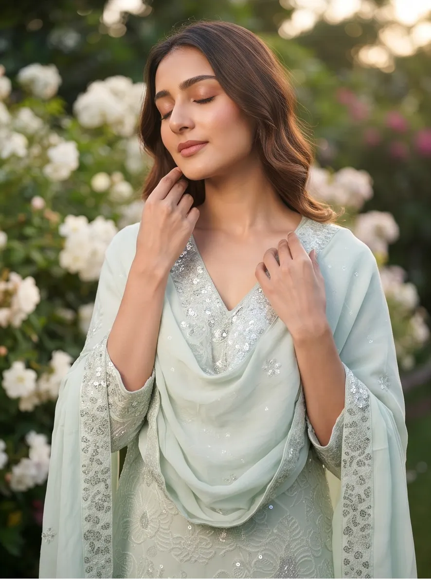Mint Green Sequined Georgette V-Neck Straight Kurta and Flared Palazzo Set with Dupatta