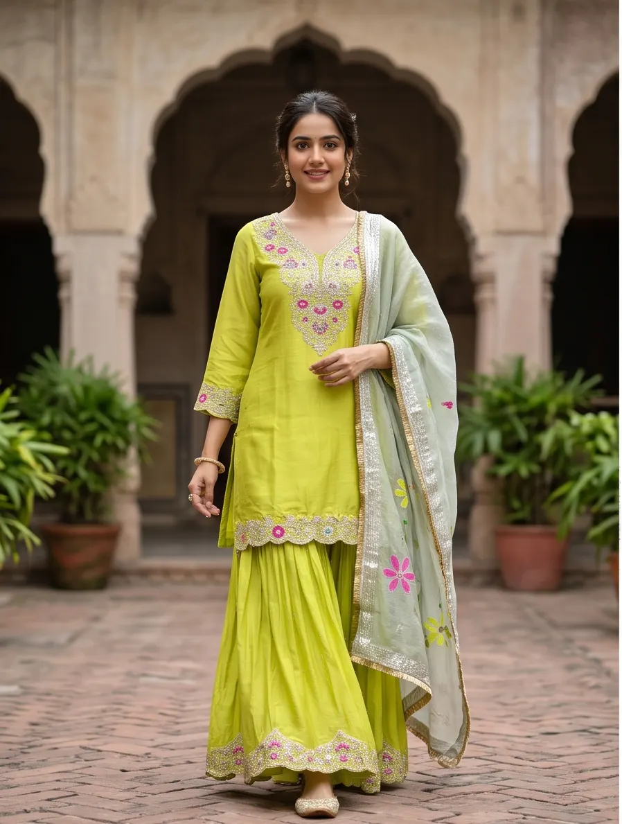 Lime Green Zari Embroidered Silk Short Kurta and Flared Sharara Set with Organza Dupatta