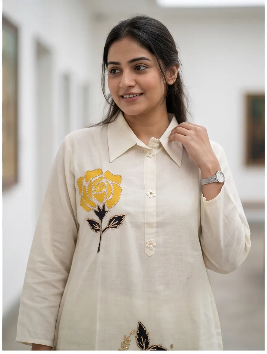 Off-White Yellow Rose Embroidered Cotton Shirt Collar Tunic and Pant Co-ord Set