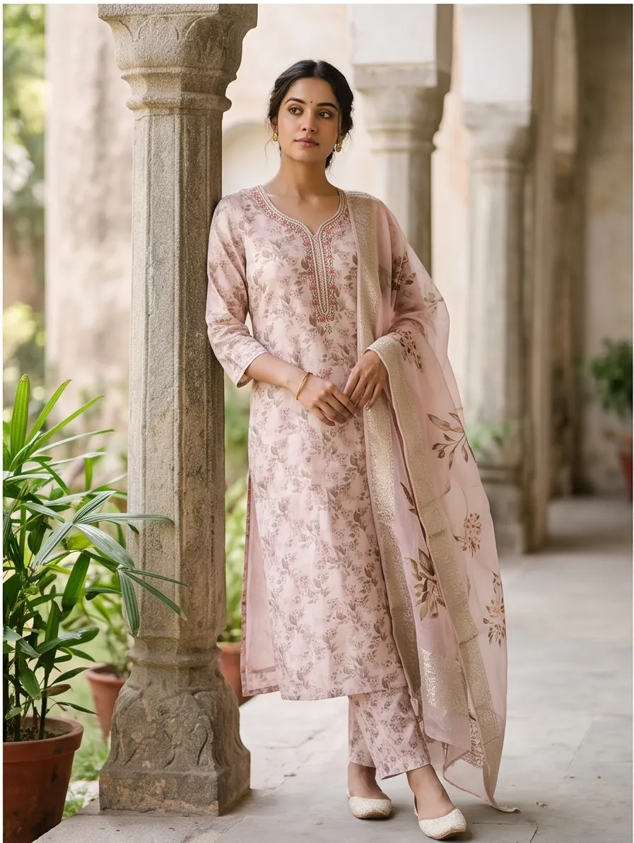 Blush Pink Floral Printed Zari Embroidered Chanderi Silk Straight Kurta Pant Set with Dupatta