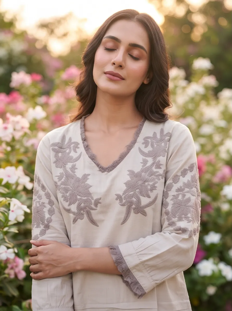 Beige Floral Thread Embroidered Cotton V-Neck Tunic and Pant Co-ord Set with Pleated Hem