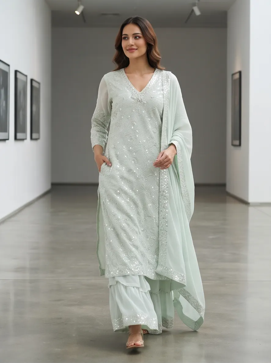 Mint Green Sequined Georgette V-Neck Straight Kurta and Flared Palazzo Set with Dupatta