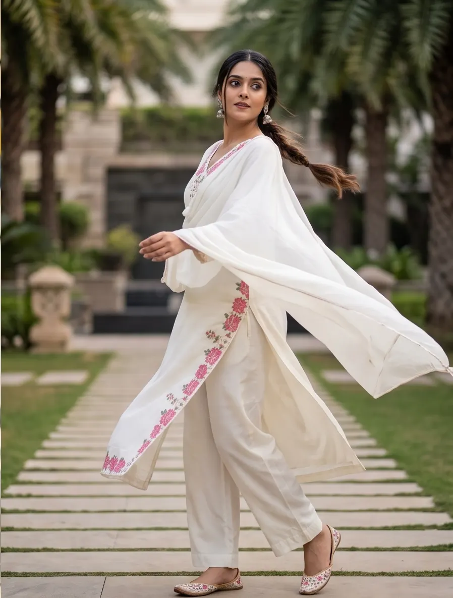 Off-White Floral Embroidered Silk Straight Kurta Pant Set with Dupatta