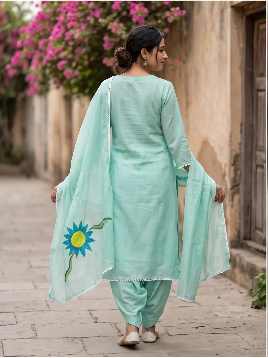 Mint Blue Sunflower Appliqué Embroidered Cotton Straight Kurta and Pleated Dhoti Pant Set with Dupatta