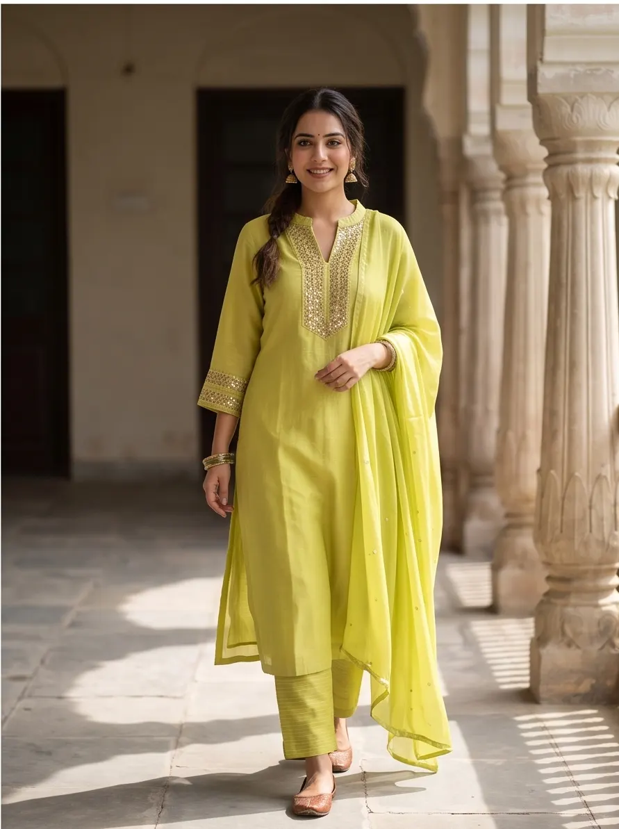 Lime Green Sequin Embroidered Silk Straight Kurta Set with Dupatta