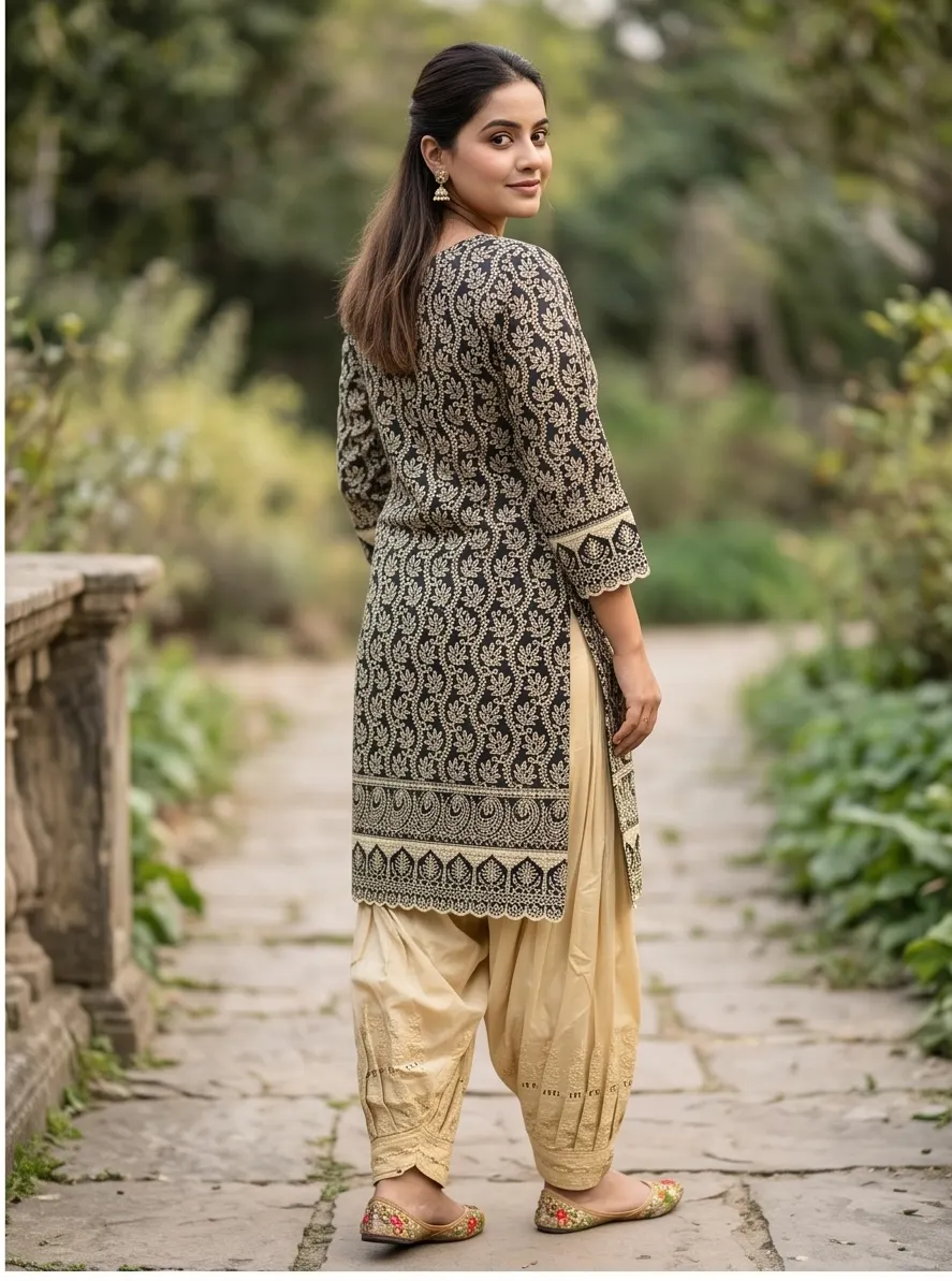 Black and Beige Floral Print Cotton Short Kurta and Pleated Dhoti Pant Set with Cutwork Hem