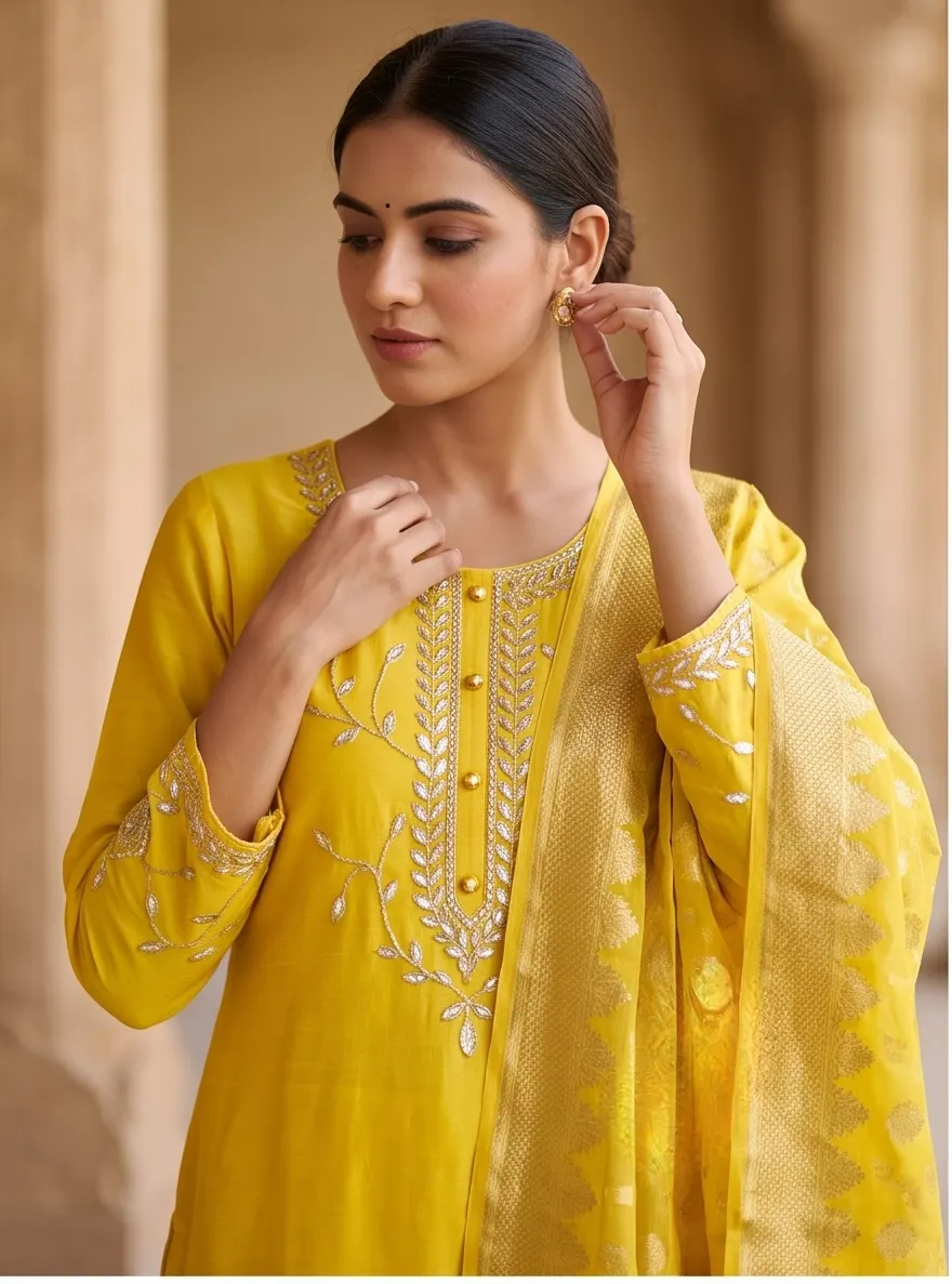 Bright Yellow Zari Embroidered Silk Straight Kurta Pant Set with Banarasi Dupatta