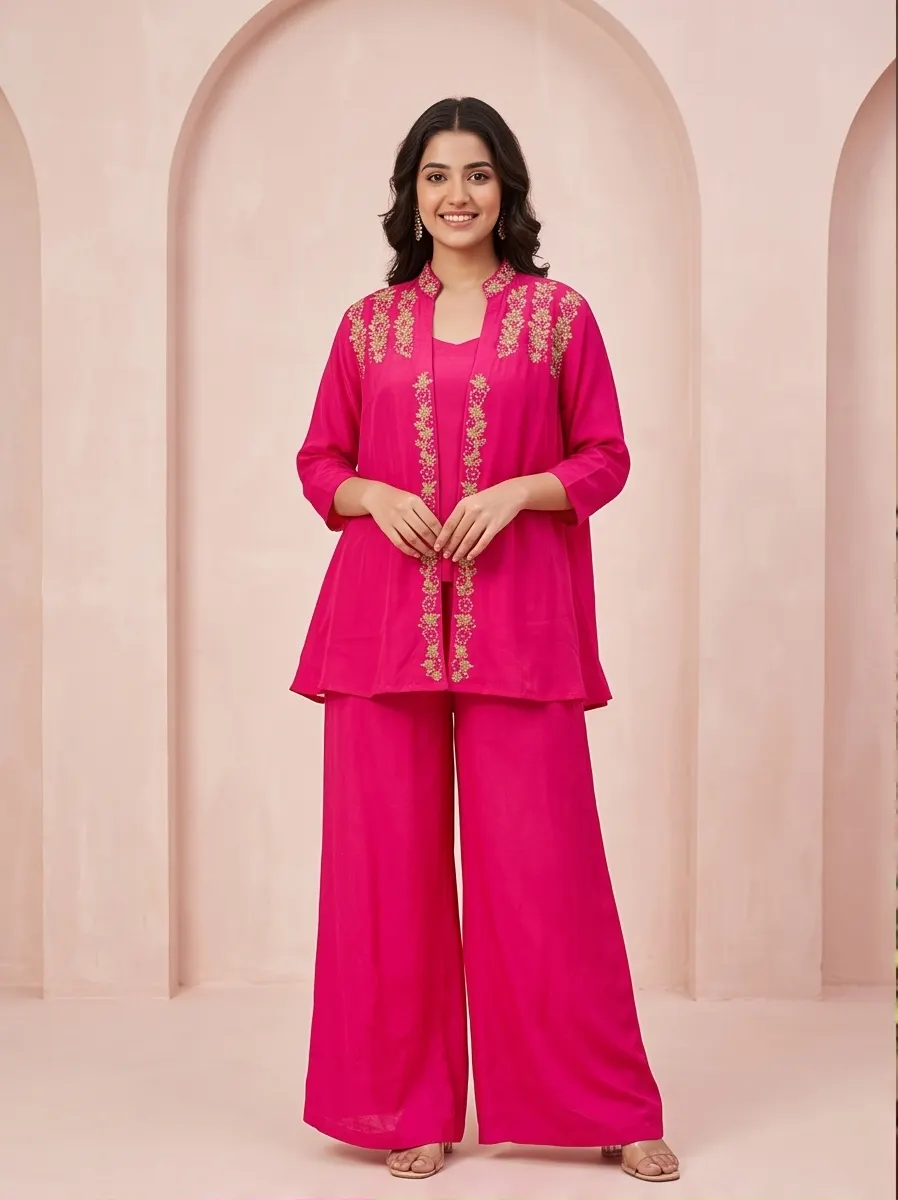 Rani Pink Embroidered Jacket Style Tunic and Flared Palazzo Co-ord Set