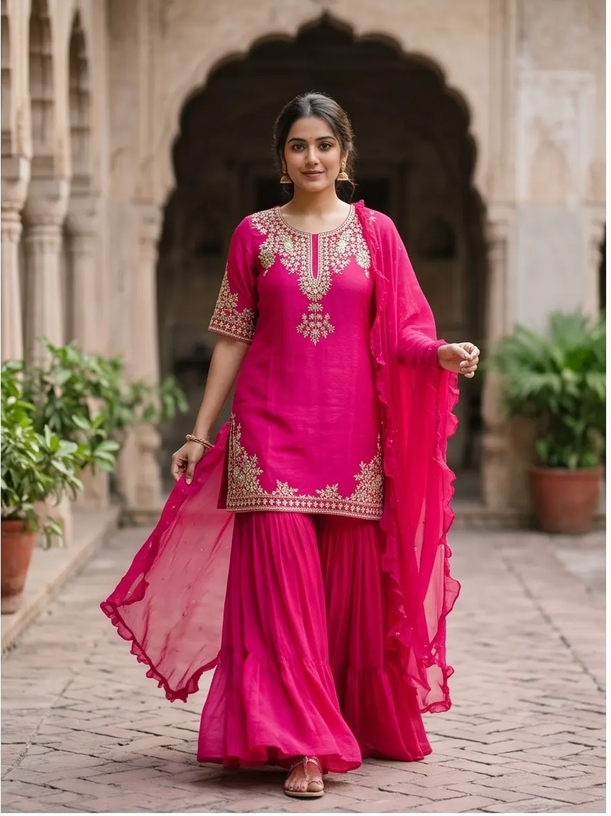 Rani Pink Zari Embroidered Silk Short Kurta and Flared Sharara Set with Dupatta