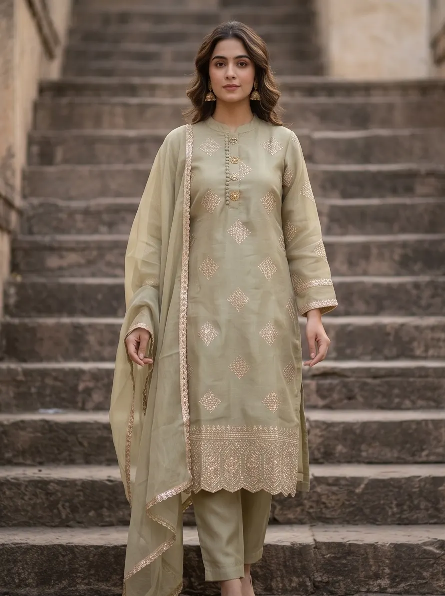 Sage Green Zari Embroidered Chanderi Silk Straight Kurta Pant Set with Dupatta