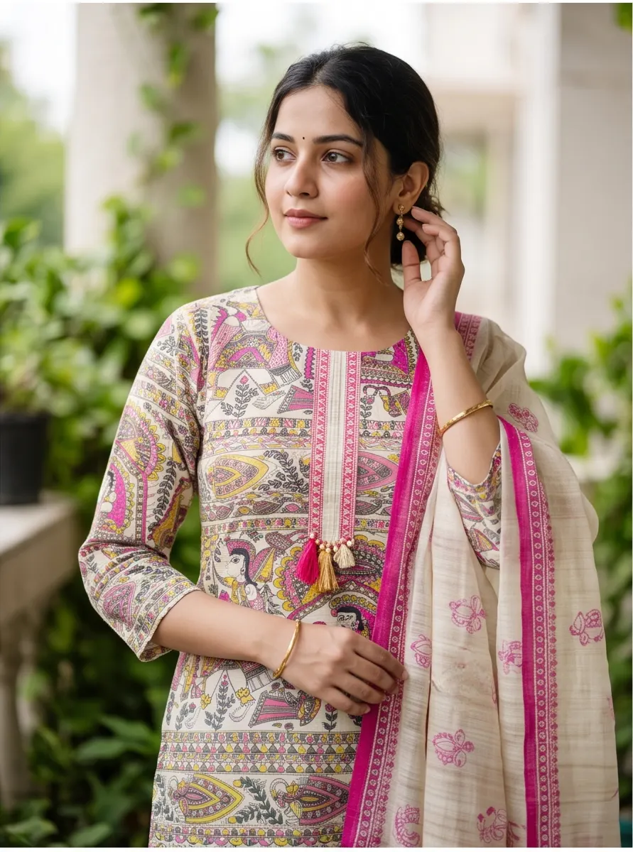 Beige and Pink Kalamkari Floral Print Chanderi Silk Straight Kurta Pant Set with Dupatta