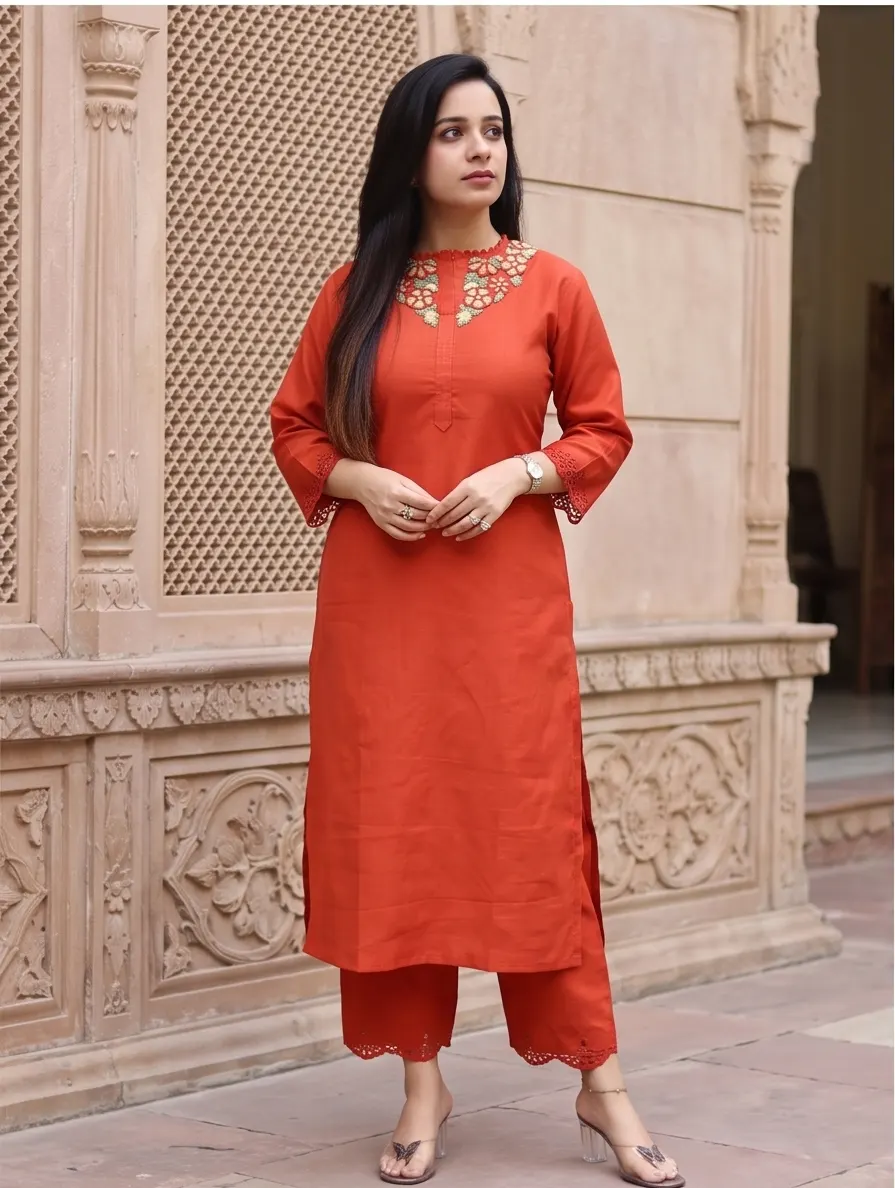 Rust Orange Floral Embroidered Straight Kurta and Pant Set with Cutwork Hem