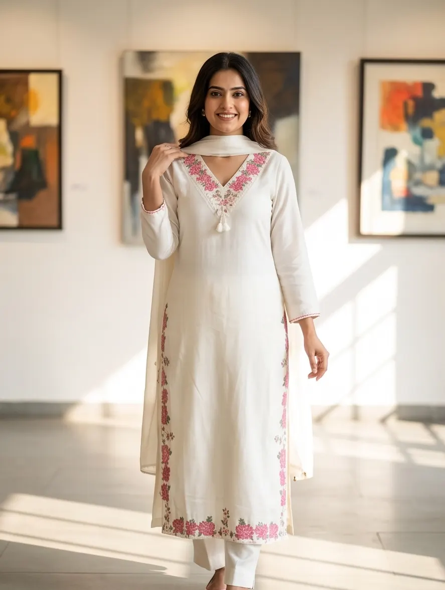 Off-White Floral Embroidered Silk Straight Kurta Pant Set with Dupatta