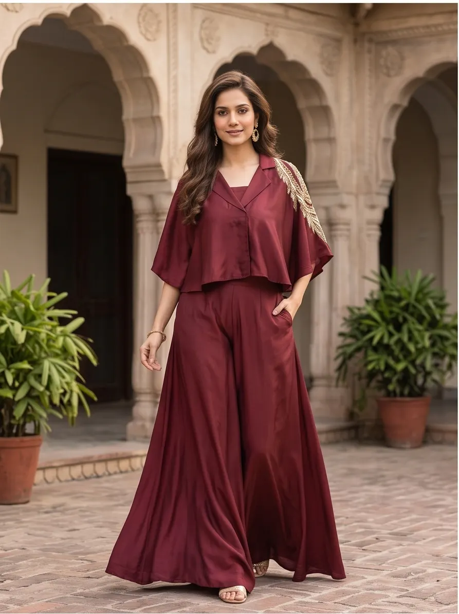 Wine Red Zari Shoulder Embroidered Silk Lapel Crop Top and Flared Palazzo Co-ord Set