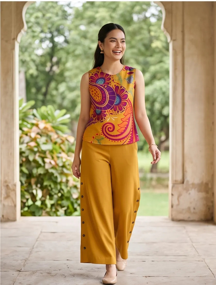 Mustard Yellow Paisley Print Sleeveless Top and Side-Button Palazzo Co-ord Set