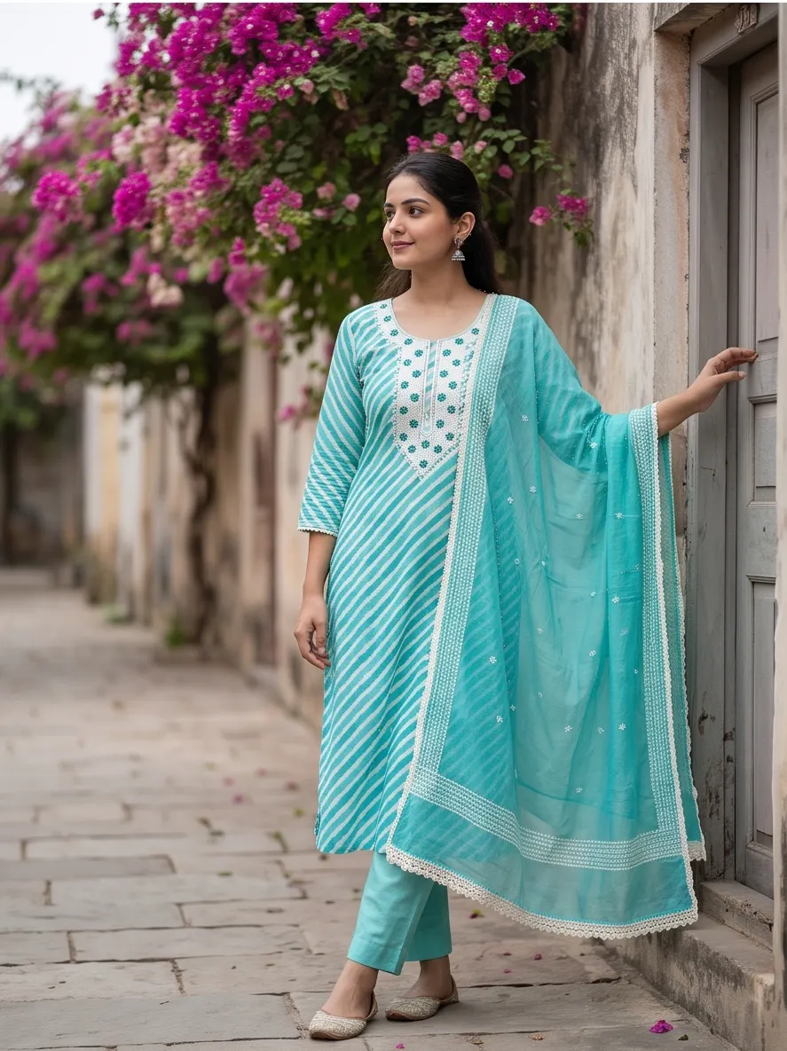 Teal Blue Striped Thread Embroidered Chanderi Silk Straight Kurta Pant Set with Lace Border Dupatta