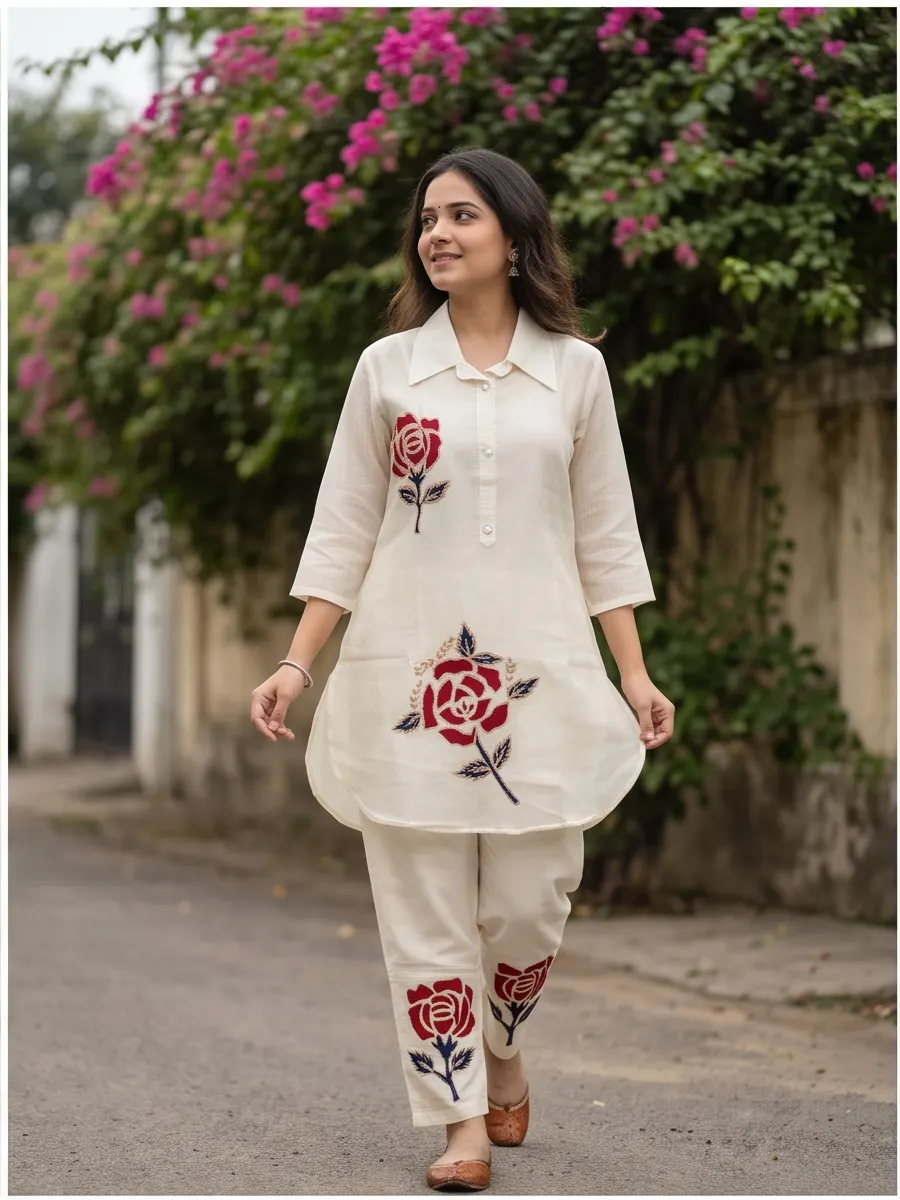 Off-White and Red Floral Appliqué Cotton Shirt Collar Tunic and Pant Co-ord Set