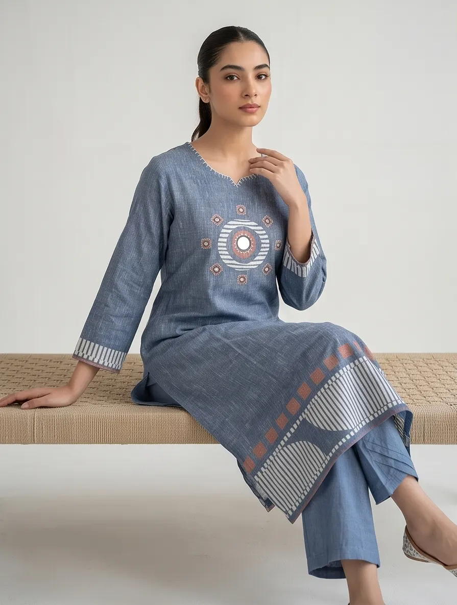 Slate Blue Embroidered Pure Cotton Straight Kurta Pant Set with Printed Dupatta