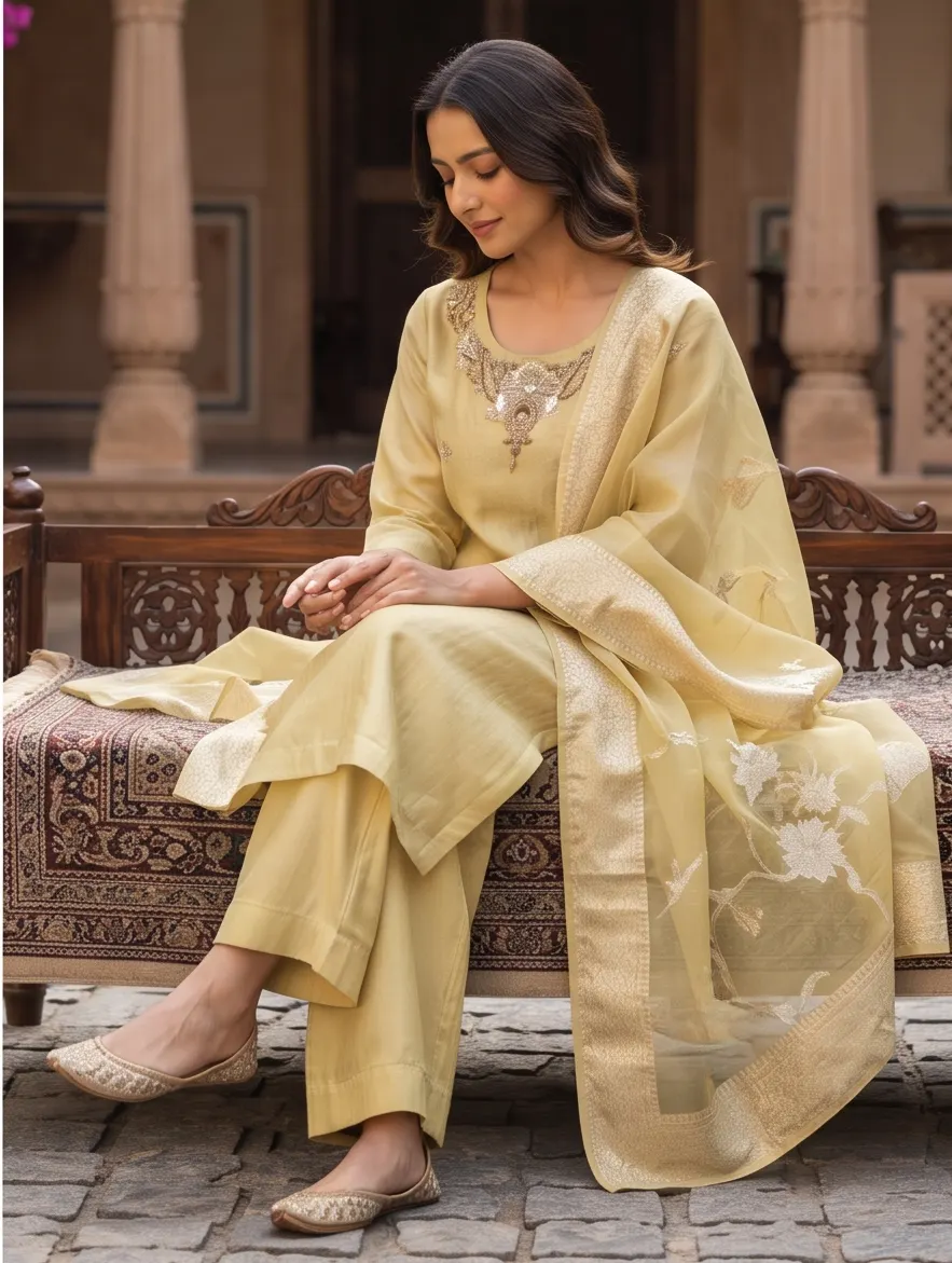 Golden Yellow Yoke Zari Embroidered Chanderi Silk Straight Kurta Pant Set with Organza Dupatta