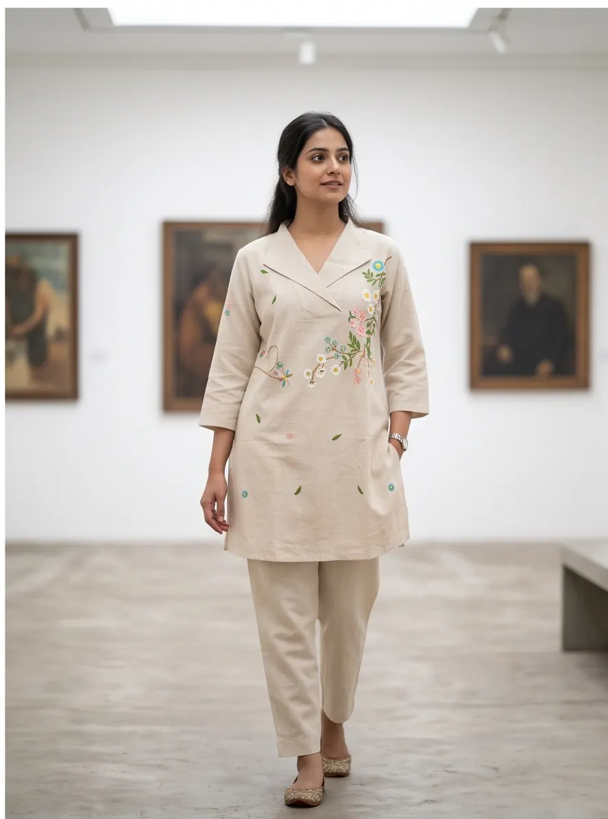 Beige Floral Embroidered Cotton Lapel Collar Straight Tunic and Pant Co-ord Set